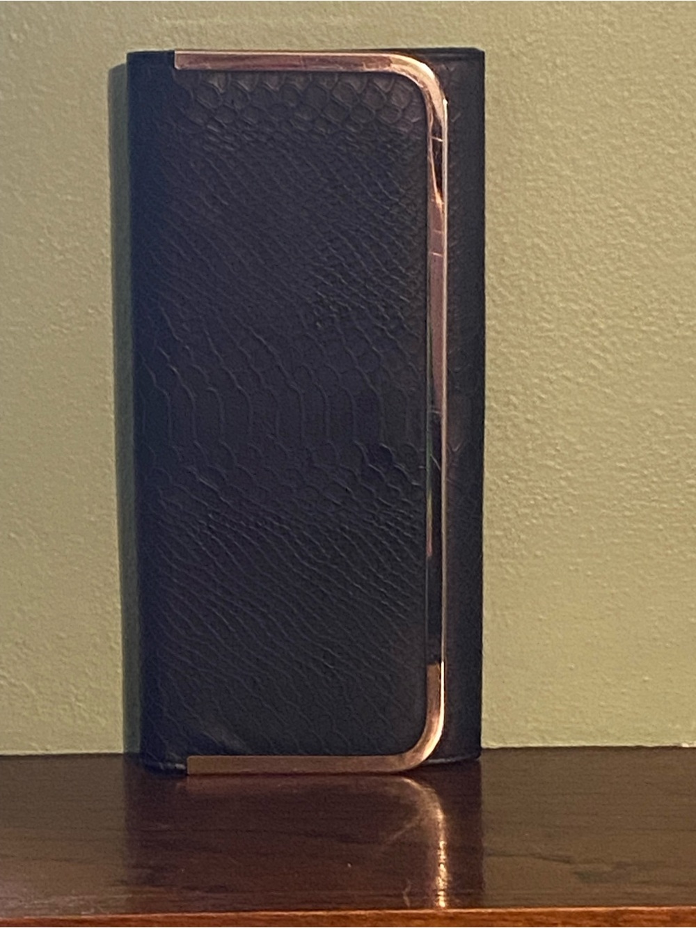 Black Faux Leather Folio Phone Case with Rose Gold Trim